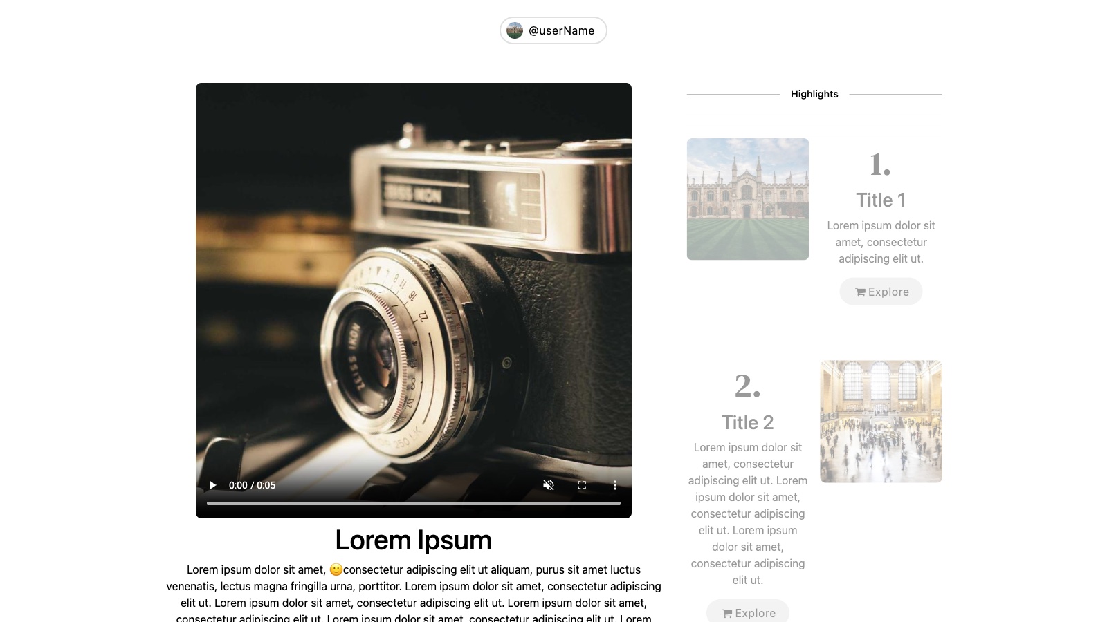 Cocoa Creator-Profil im Browser — @userName-Badge oben, eine Vintage-Zeiss-Ikon-Kamera als zentrales Video mit Titel und Text darunter, Highlights-Sidebar rechts mit gestapelten Bildkarten.