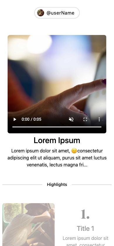 Cocoa iOS-Feed — ein Hand-und-Licht-Video oben im Scroll, darunter beginnt die Highlights-Reihe.