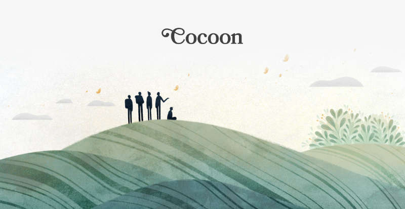 Cocoons Marken-Illustration in Aquarell — vier silhouettierte Figuren auf einem weichen grünen Hügel (eine sitzend), Schmetterlinge in der Luft, darüber die Cocoon-Wortmarke in Serif.