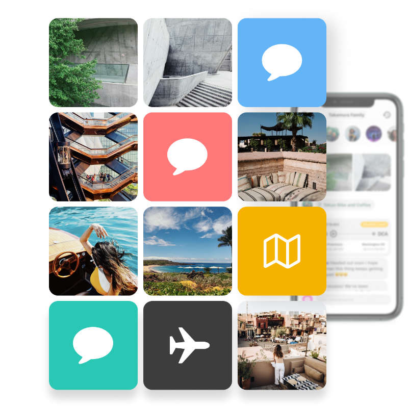 Marketing-Collage, die zeigt, für welche Art enger Momente Cocoon gedacht ist — Architektur- und Reisefotos zusammen mit kräftigen Nachrichten-Bubble-Icons in Blau, Rot, Grün und Türkis; rechts blitzt der App-Feed in einem Smartphone hervor.