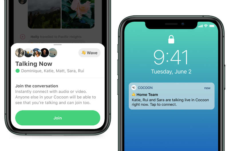 Cocoons Live-Talk-Feature auf zwei iPhones — links eine 'Talking Now'-Karte mit Avataren und grünem Join-Button; rechts der Sperrbildschirm-Alert 'Home Team — Katie, Rui and Sara are talking live in Cocoon right now. Tap to connect.'