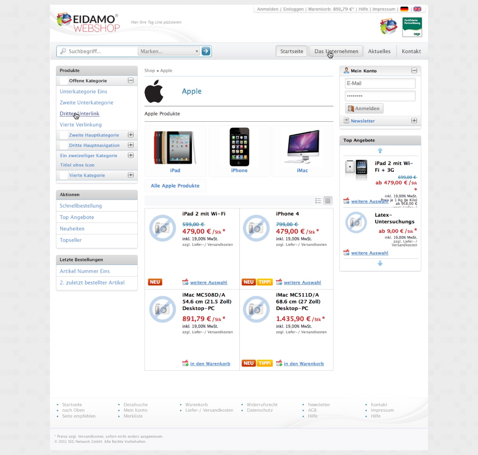 Eidamo-Plattform-Template — Apple-Produkte-Demo-Shop mit Kategorienbaum in der linken Spalte, Produktraster (iPad, iPhone, Mac), Top-Angebote-Panel und Konto-/Warenkorb-Spalte rechts; das Master-CSS-Template, von dem alle Mandanten-Shops erben.