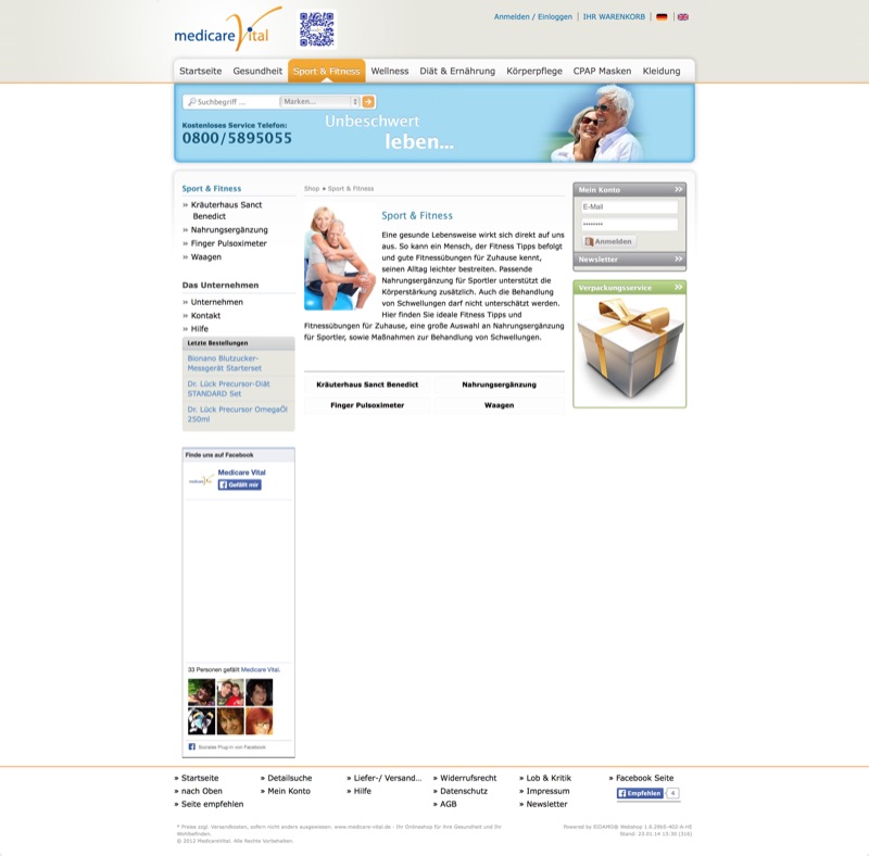 medicare-Vital-Shop — Pharma und Nahrungsergänzung, blaue Markenpalette, Sport-&-Fitness-Kategorieseite mit redaktionellem Artikel und Produktliste.