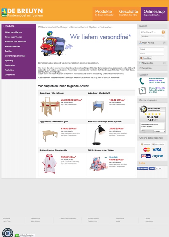 De-Breuyn-Kindermöbel-Shop — Kinderzimmermöbel, gelb-violette Markenpalette, empfohlene Produkte (Bett, Lampe, Maltisch, Schmuckdosen).