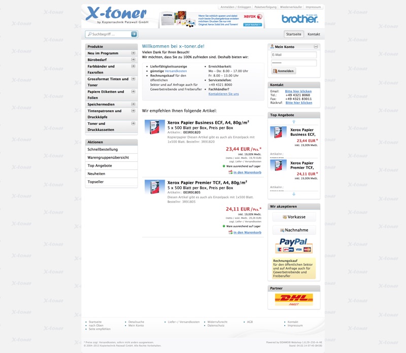 X-Toner-Shop — Druckerpatronen und B2B-Bürobedarf, blau-Brother-gebrandeter Header, Xerox-Papier-Produktkarten mit Cross-Sell-Spalte.