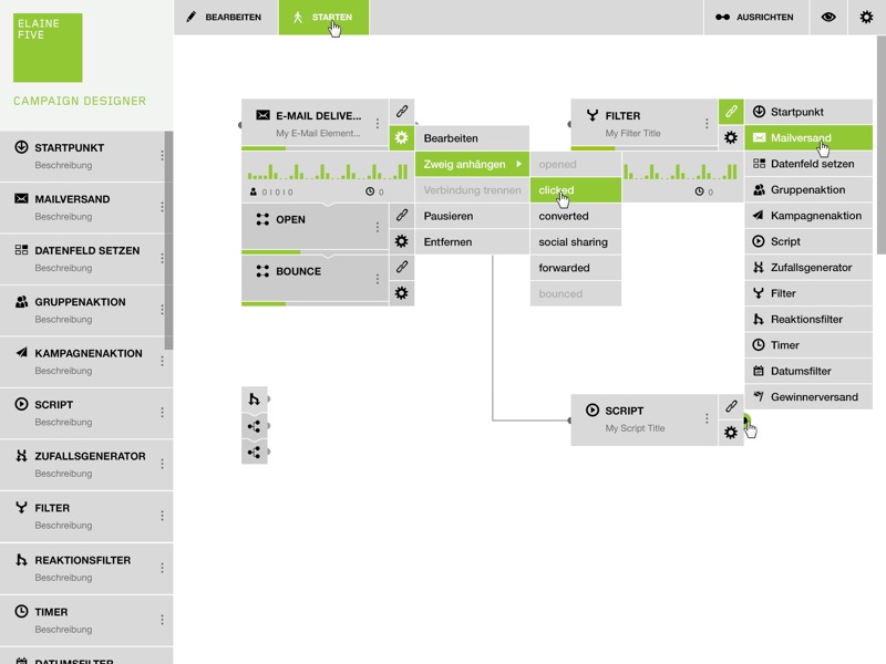 Light-Mode-Variante des Campaign-Designer-Canvas mit Email-Delivery-Knoten und Add-Branch-Kontextmenü.