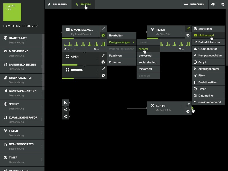 Detail des Dark-Mode-Canvas — Script-Knoten mit Code-Editor, Hot-Path-Verbindungen und Heatmap-Färbung.