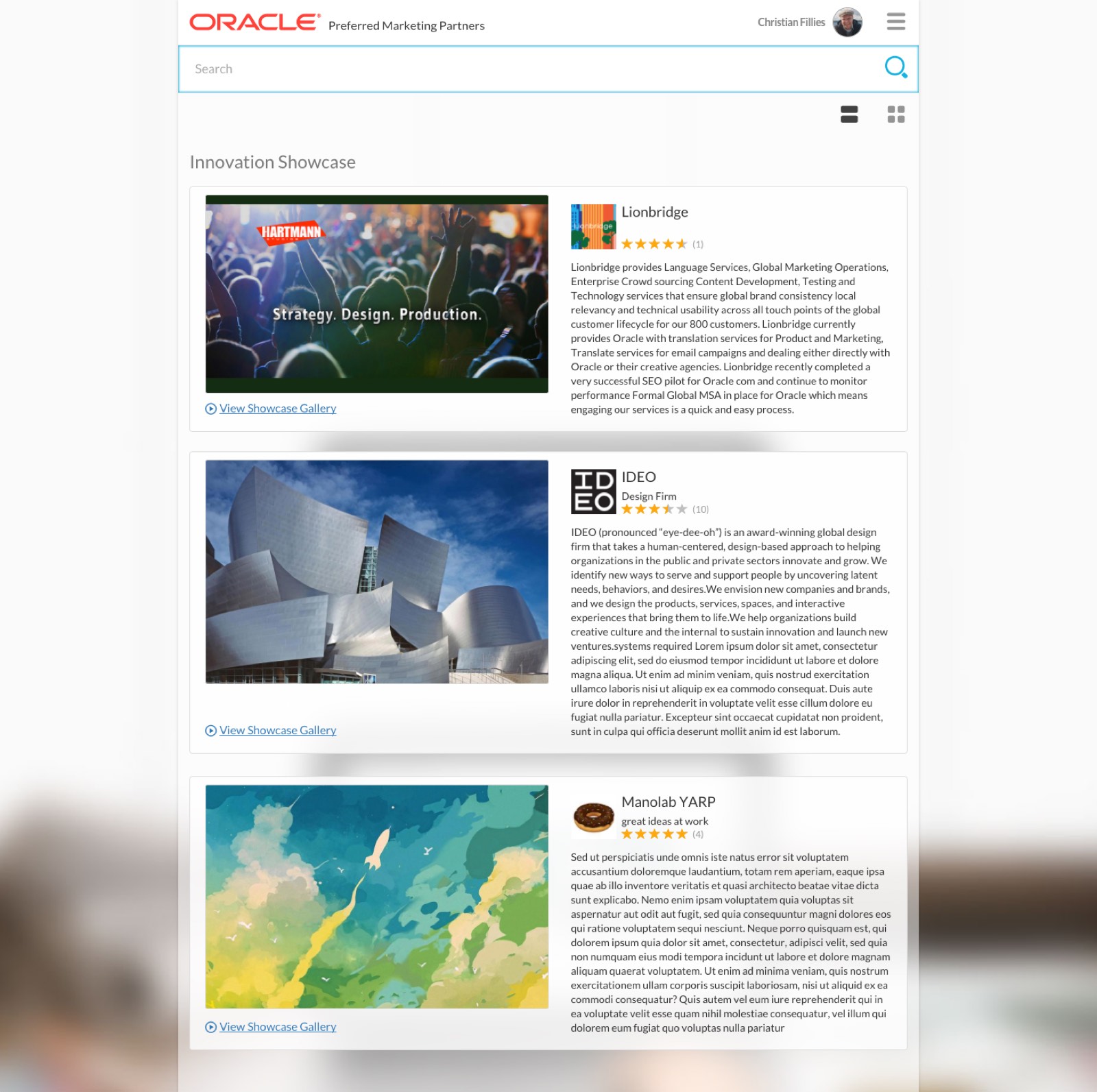 Oracle Preferred Marketing Partners — Desktop-Ansicht des Innovation Showcase mit Karten für Lionbridge, IDEO und Manolab YARP, jeweils mit Sterne-Bewertung, Beschreibung und View-Showcase-Gallery-Link.