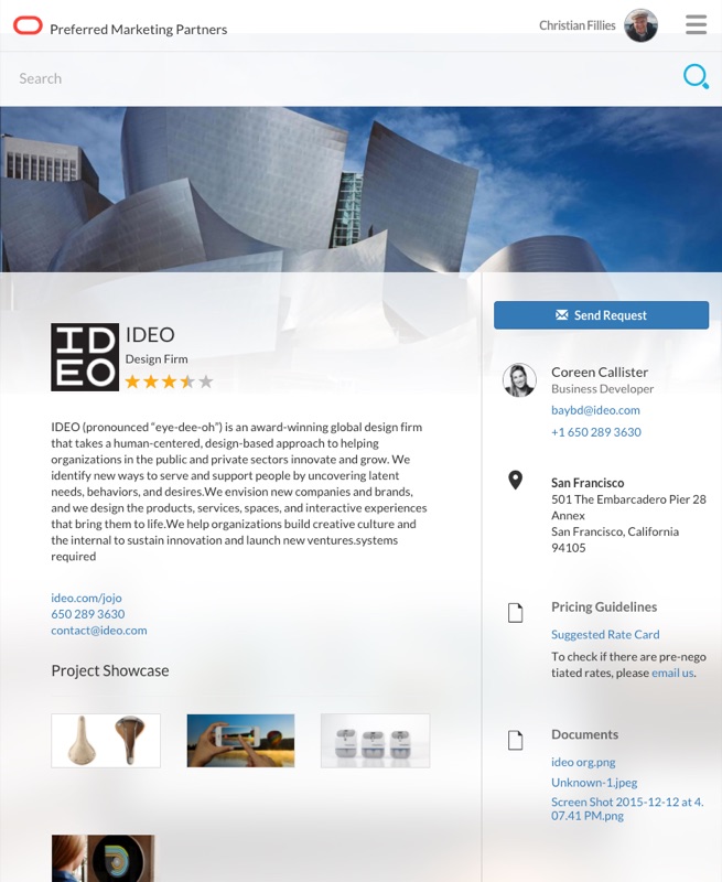 IDEO-Partnerdetailseite auf dem Tablet — Disney Concert Hall als Hero, Design-Firm-Bewertung, Kontaktpanel mit Carsen Callister.