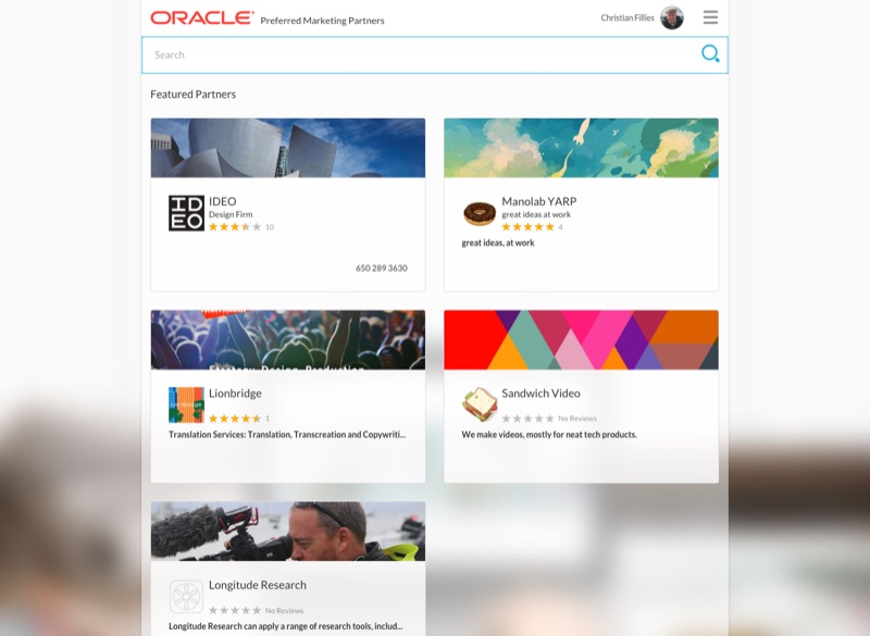 Desktop-Grid der Featured Partners — Karten für IDEO Design Firm, Manolab YARP, Lionbridge, Sandwich Video und Longitude Research.