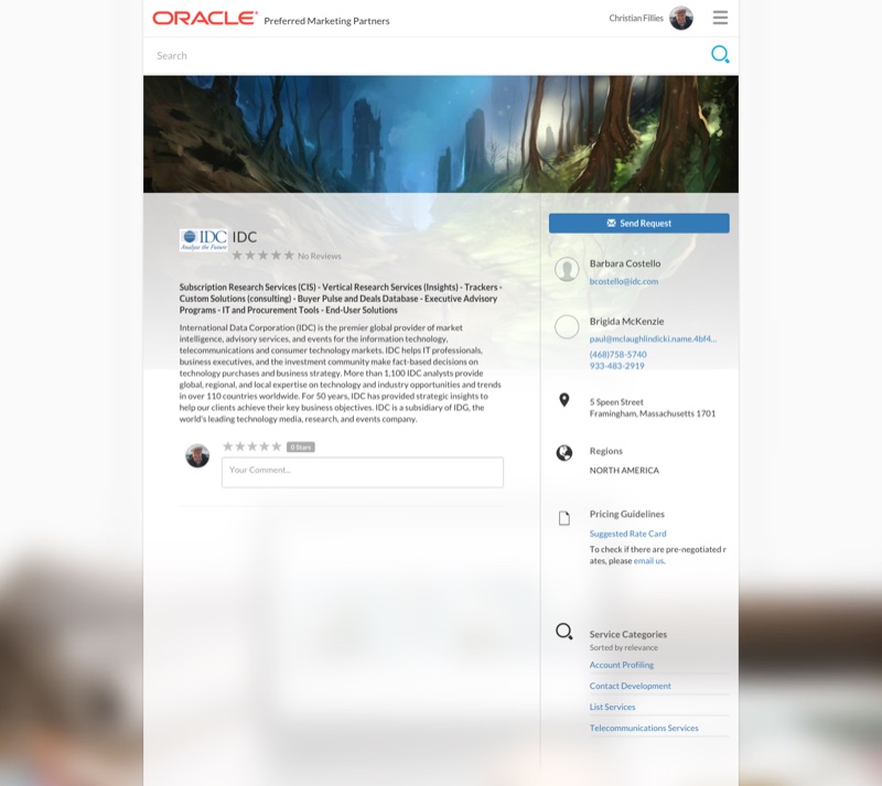 IDC-Partnerdetailseite — Wald als Hero, Beschreibung der Market-Intelligence-Services, Send-Request-CTA und Kontaktpanel.