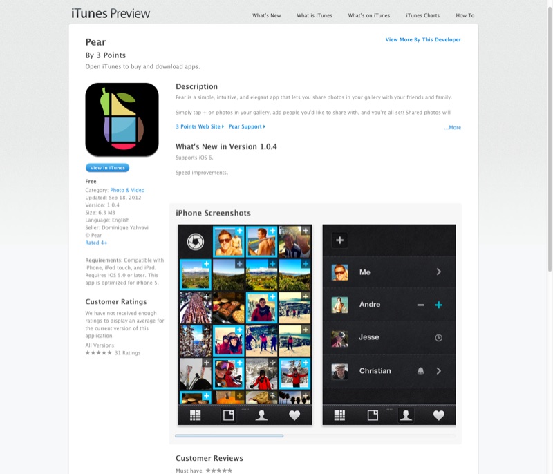 iTunes-Preview-Seite für Pear v1.0.4 (Sept. 2012) — &bdquo;Pear is a simple, intuitive, and elegant app that lets you share photos in your gallery&hellip;&ldquo; mit drei iPhone-Screenshots aus Fotoraster und Aktivitäts-Feed.