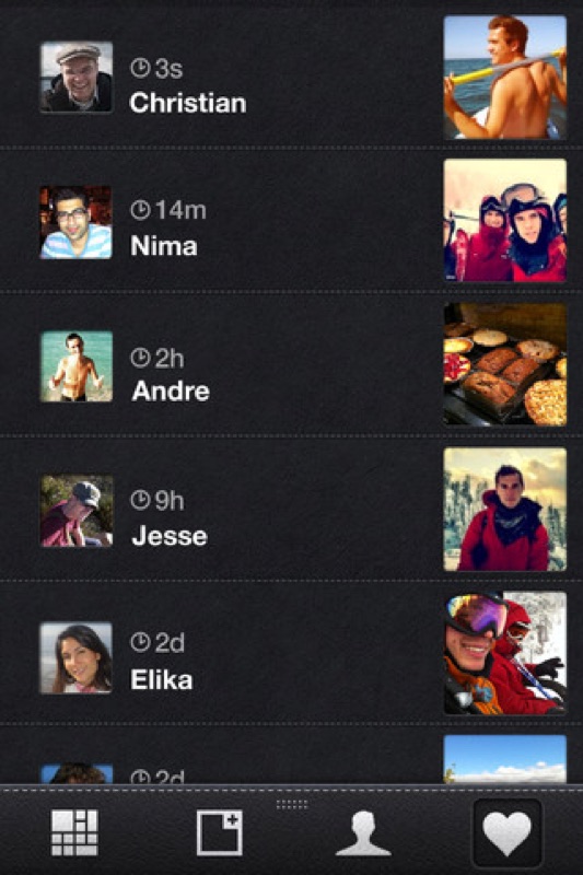 Pear iPhone-Aktivitäts-Feed mit den Kontakten, mit denen geteilt wurde (Christian 3s, Nima 14m, Andre 2h, Jesse 9h, Elika 2d) und einem Thumbnail des zuletzt geteilten Fotos auf der rechten Seite.
