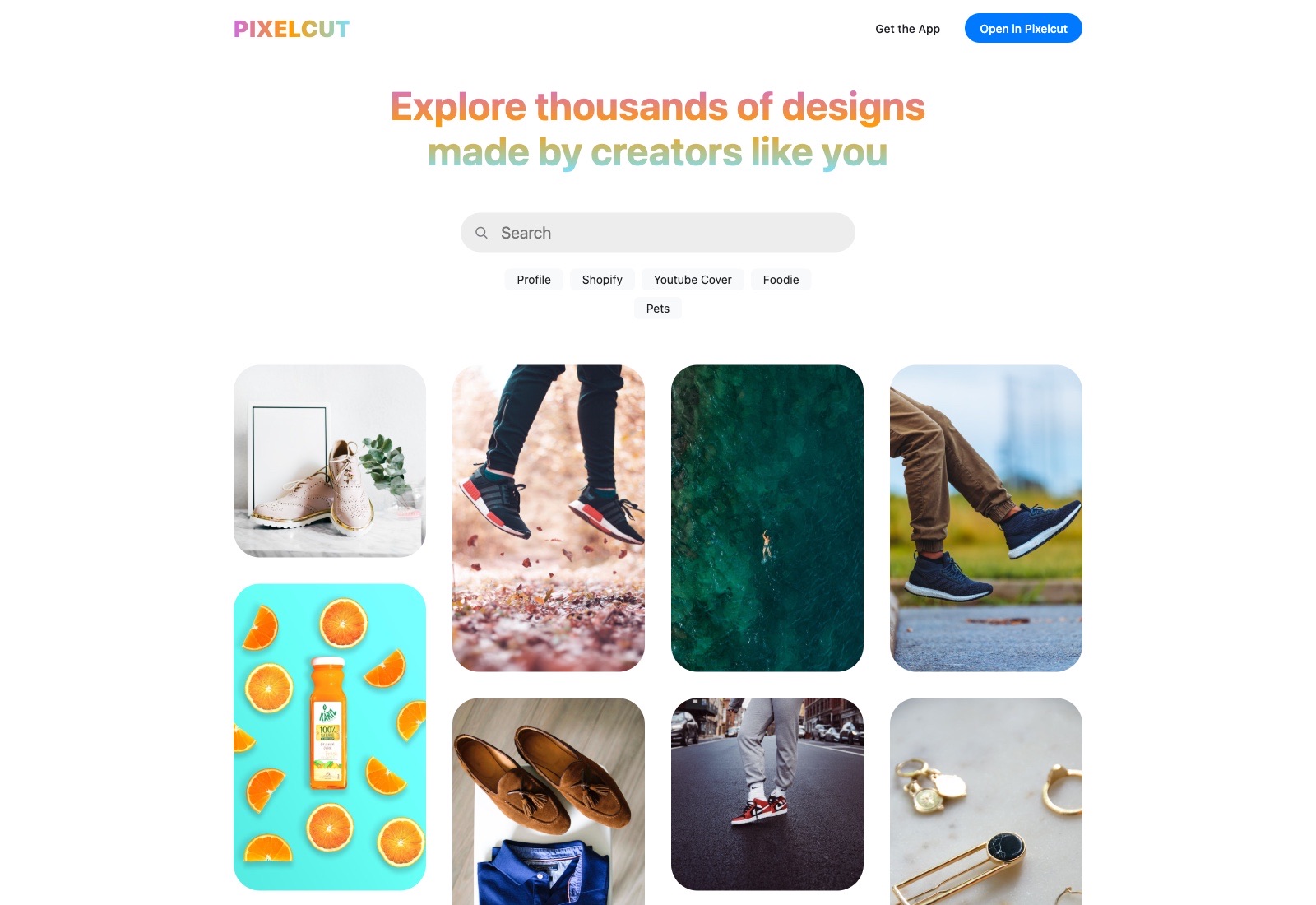 Pixelcut-Discover-Startseite — Verlaufs-Überschrift 'Explore thousands of designs made by creators like you' über einer Suchleiste, Kategorie-Chips (Profile, Shopify, Youtube Cover, Foodie, Pets) und ein Masonry-Grid mit Community-Vorlagen.