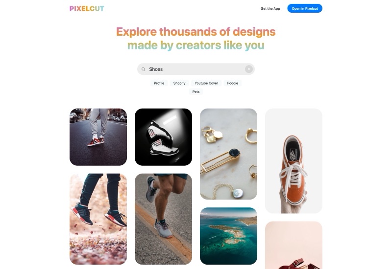 Dasselbe Grid, gefiltert nach 'Shoes' — Sneaker-, Runner- und Anzugschuh-Layouts aus dem Community-Katalog.