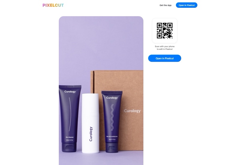 Detailansicht einer einzelnen Vorlage — ein Curology-Pflegeset auf Lavendel — daneben ein QR-Code 'Scan with your phone to edit in Pixelcut', der zur iOS-App übergibt.