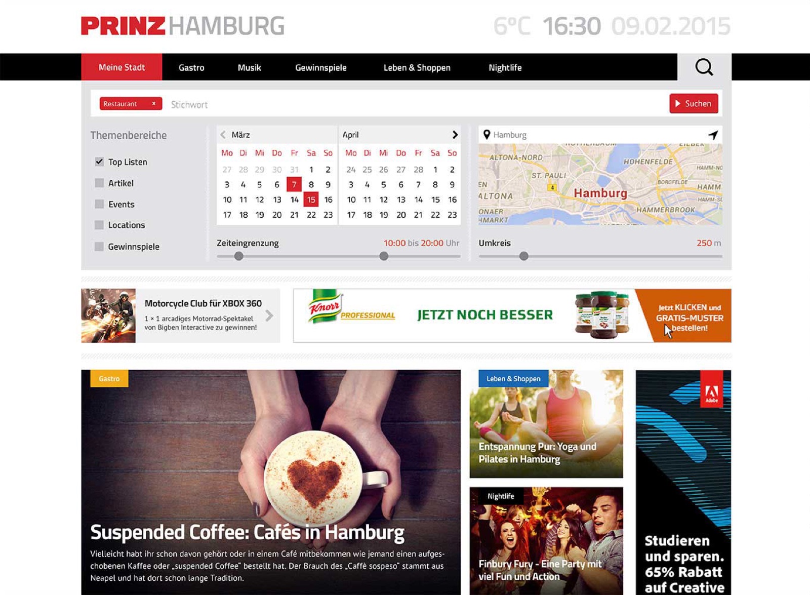 PRINZ Magazin Stadtportal — roter Schriftzug, Wetter- und Datumszeile, Hauptnavigation (Meine Stadt · Gastro · Musik · Gewinnspiele · Leben & Shoppen · Nightlife) sowie ein Such- und Filter-Hero mit Themenbereich-Checkboxen, einem Zwei-Monats-Kalender und einer Hamburg-Karte mit 250&nbsp;m-Umkreis-Marker.