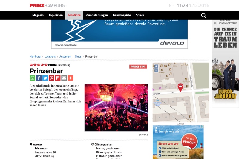 Derselbe PRINZ-Hamburg-Hero im Vollseiten-Konzept — Such- und Filterleiste über redaktionellen Tiles (Suspended Coffee, Yoga und Pilates, Finbury Fury Party).