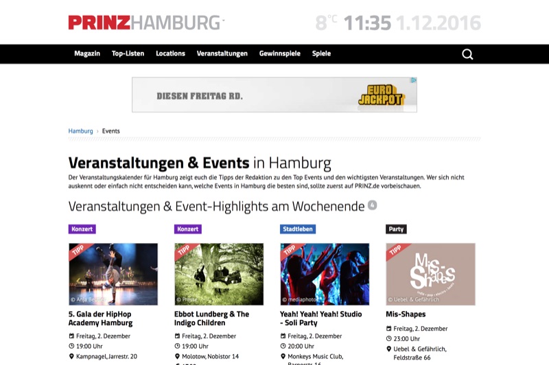 Weiterer Scroll-Ausschnitt des Konzepts — große redaktionelle Kacheln im zweispaltigen PRINZ-Rhythmus, Anzeigenflächen in der rechten Spalte.