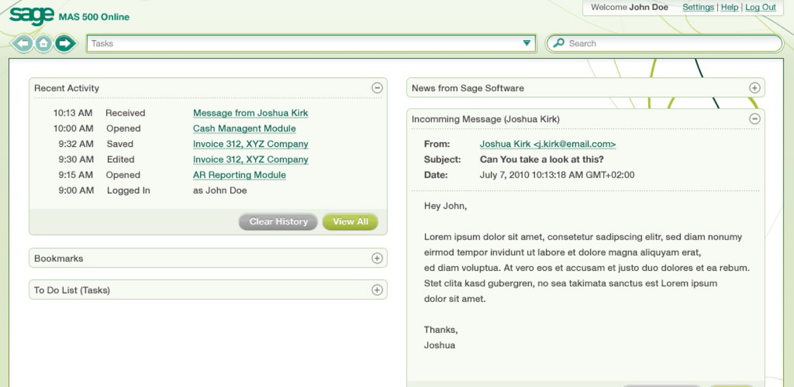 Sage-MAS-500-Online-Dashboard &mdash; grüne Sage-Wortmarke, Tasks- und Search-Felder in der Diamond-Task-Bar, ein Recent-Activity-Feed (Received, Opened, Saved, Edited, Logged-In-Zeitstempel verlinkt auf Rechnungen und Reports), Bookmarks- und To-Do-List-Panels links, News-from-Sage-Software-Panel rechts mit eingehender Nachricht von Joshua Kirk; Sage-Vine-Motiv rankt sich am rechten Rand.
