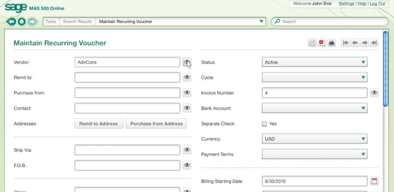 Maintain-Recurring-Voucher-Formular &mdash; zweispaltiges Feldraster (Vendor, Remit to, Purchase from, Contact, Addresses, Ship Via, F.O.B. … Status, Cycle, Invoice Number, Bank Account, Separate Check, Currency, Payment Terms, Billing Starting Date), jedes Eingabefeld mit Auge-Icon-Detail-Toggle.