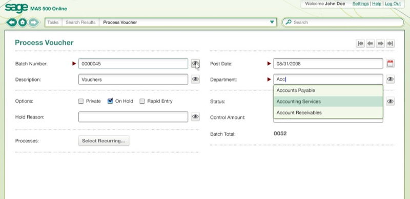 Process-Voucher-Formular mit geöffnetem Department-Autocomplete-Dropdown (Accounts Payable, Accounting Services, Account Receivables); Batch Number, Description, Options (Private / On Hold / Rapid Entry), Hold Reason, Status, Control Amount, Batch Total &mdash; das dichte Vokabular der Buchhaltung.