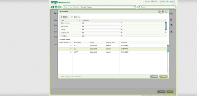 Lookup-Modal über dem Process-Voucher-Screen &mdash; Voucher-Batch-Liste, gefiltert nach Batch Number, Batch Type, Status, Original User und Post Date, mit drei Zeilen (45, 46, 15 &mdash; alle Balanced, alle Admin); Cancel- und Choose-Aktionen unten.