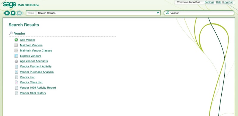Search-Results für &bdquo;Vendor&ldquo; &mdash; eine klare Liste aller zugehörigen Aufgaben im System (Add Vendor, Maintain Vendors, Maintain Vendor Classes, Explore Vendors, Age Vendor Accounts, Vendor Payment Activity, Vendor Purchase Analysis, Vendor List, Vendor Class List, Vendor 1099 Activity Report, Vendor 1099 History) mit Task-Typ-Icons.