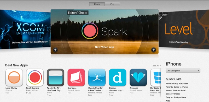 Spark Camera im App Store neben XCOM und Levels gefeatured.